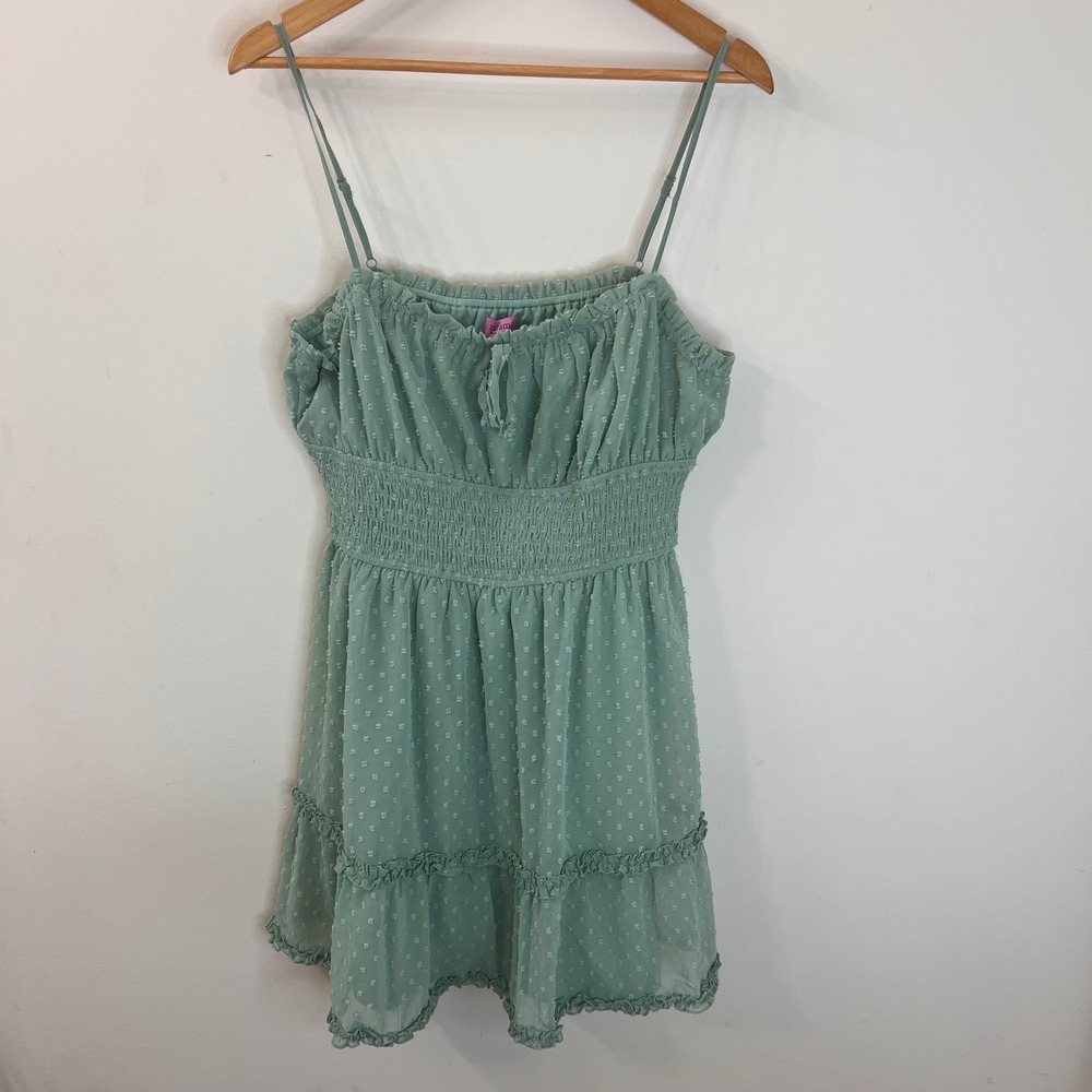 Francesca's Mi Ami Sage Green Clip Dot Smocked Mini Dress Women's Large NWT